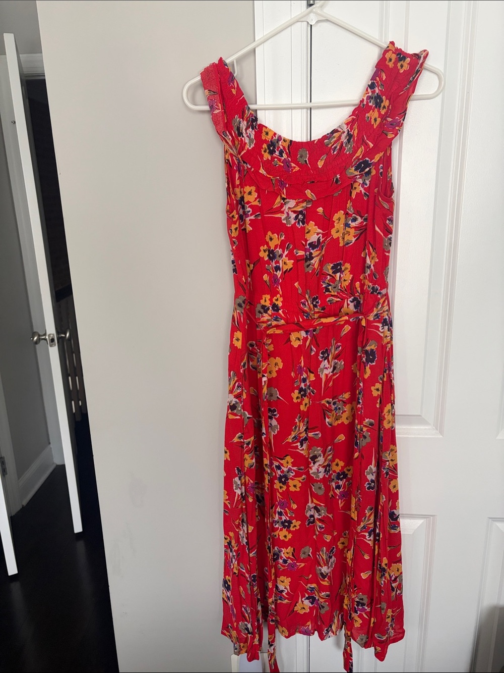 Anthropologie Red Floral Maxi Dress with Ruffle Straps